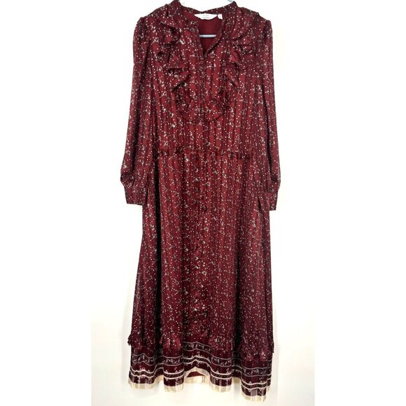 NWOT &Other Stories Ruffle Yoke Waist Tied Dark Red Printed Maxi Dress 4 - Picture 1 of 4